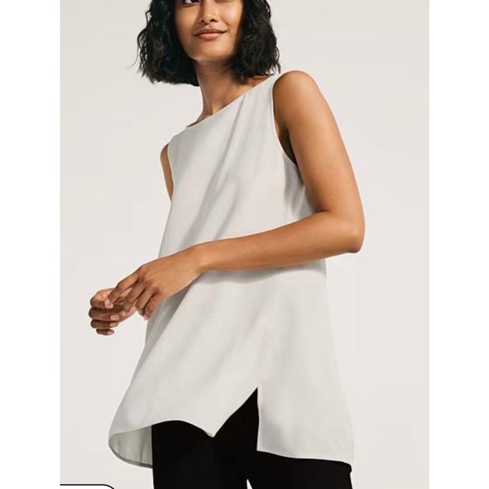 Eileen Fisher Silk Georgette Crepe Boat Neck Sleeveless Tunic Shell Bone Size XL